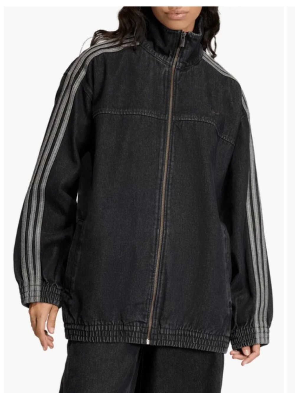 Adidas Originals Firebird Denim jacket Trefoil logo Womens Size L Black Oversize